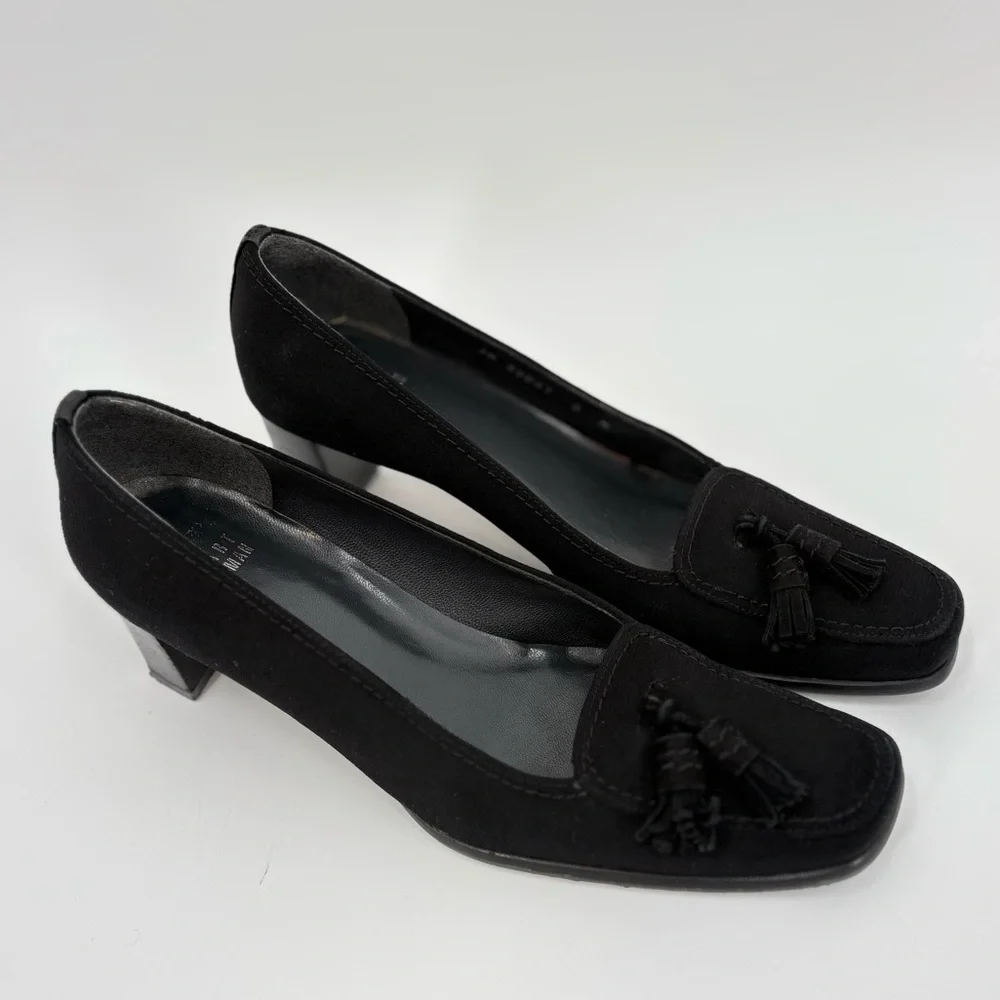 Stuart Weitzman Sude Leather Square‎ Toe Tassel Pumps Black 8N